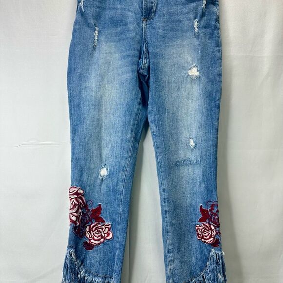 Inc Floral Embroidered skinny leg crop denim jeans with fringe bottom Size 10 - Picture 2 of 14